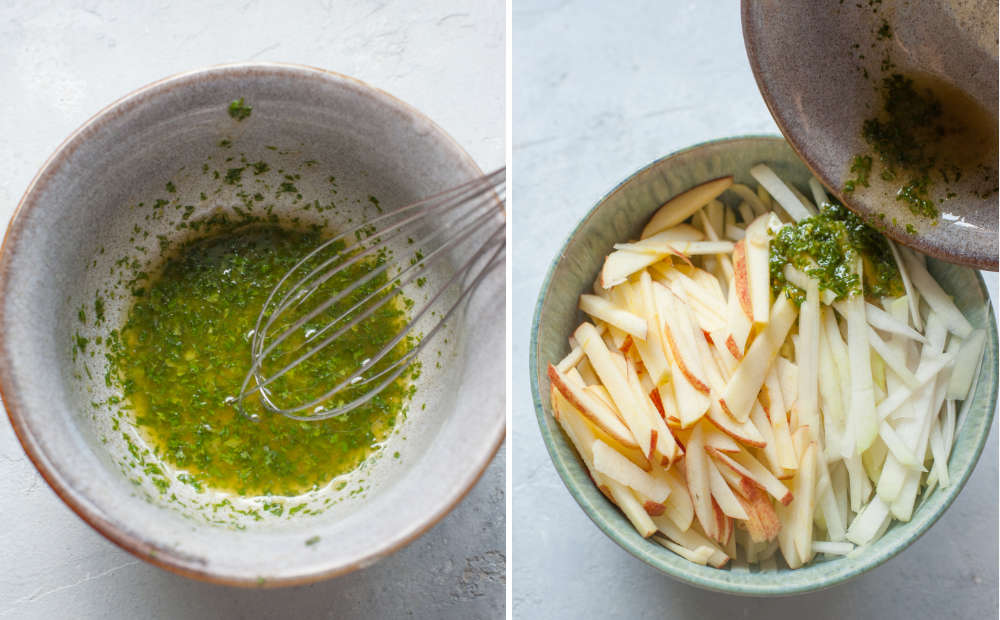 Mint vinaigrette in a grey bowl. Mint vinaigrette is being added to chopped kohlrabi and apple in a bowl.