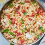 Pasta Caprese in a frying pan.