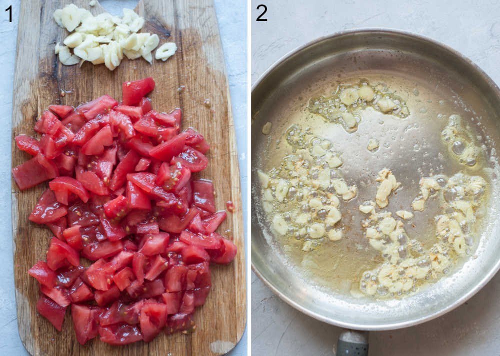 Chopped tomatoes and sliced garlic on a wooden board. Garlic with butter and olive oil in a frying pan.