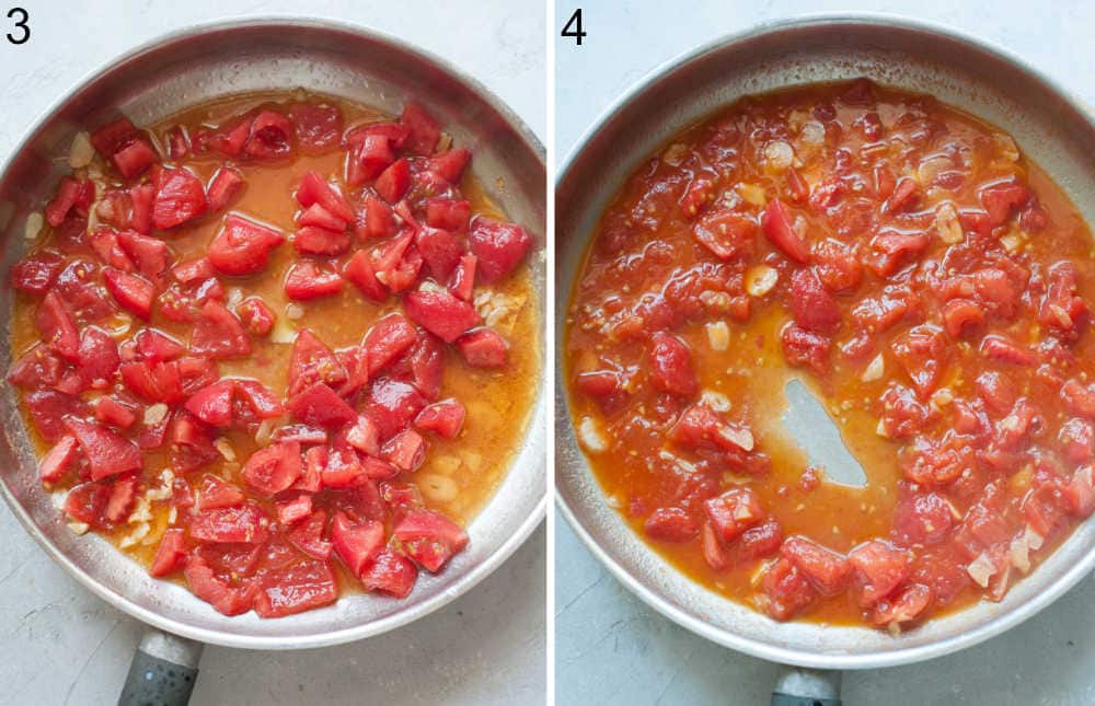 Tomatoes are being cooked in a frying pan.