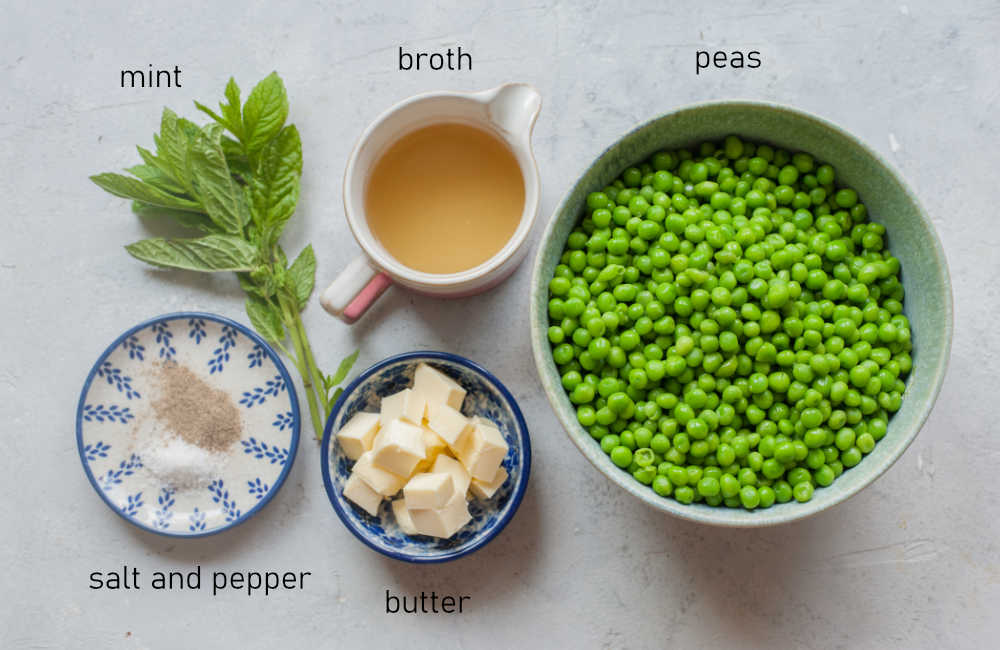 Labeled ingredients for mint pea puree.