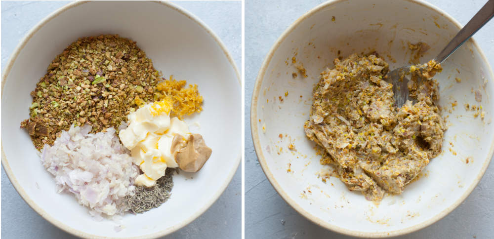 Ingredients for pistachio crust in a white bowl. Pistachio butter herb mixture in a white bowl.