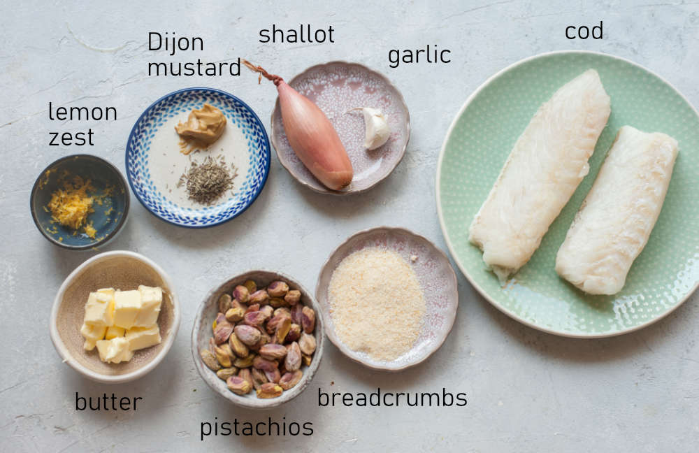 Labeled ingredients for pistachio crusted fish.