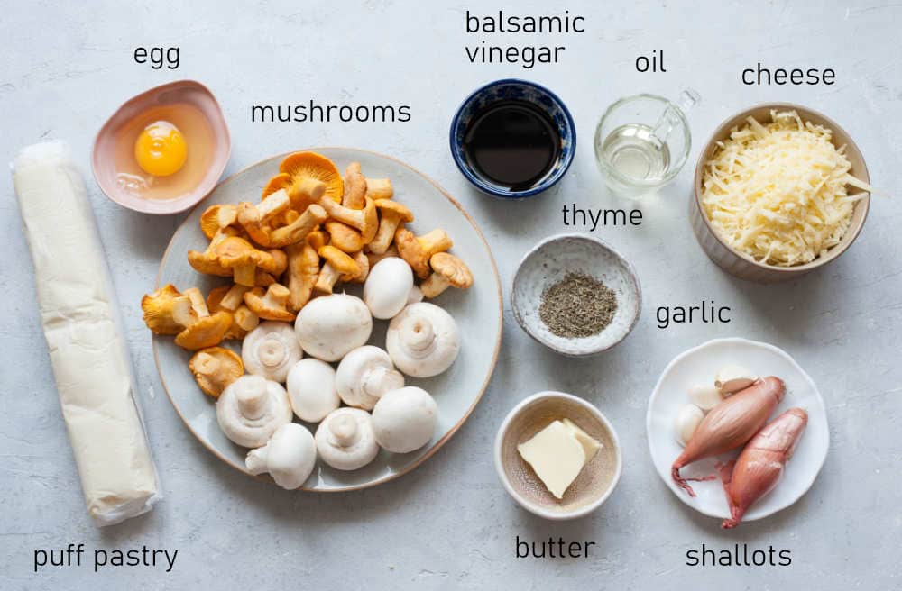Labeled ingredients for mushroom tart.