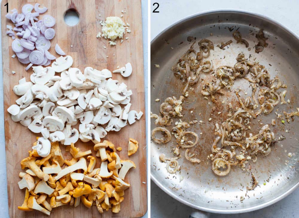 Chopped mushrooms, onions, and garlic on a wooden board. Sautéed onions with thyme and garlic in a pan.