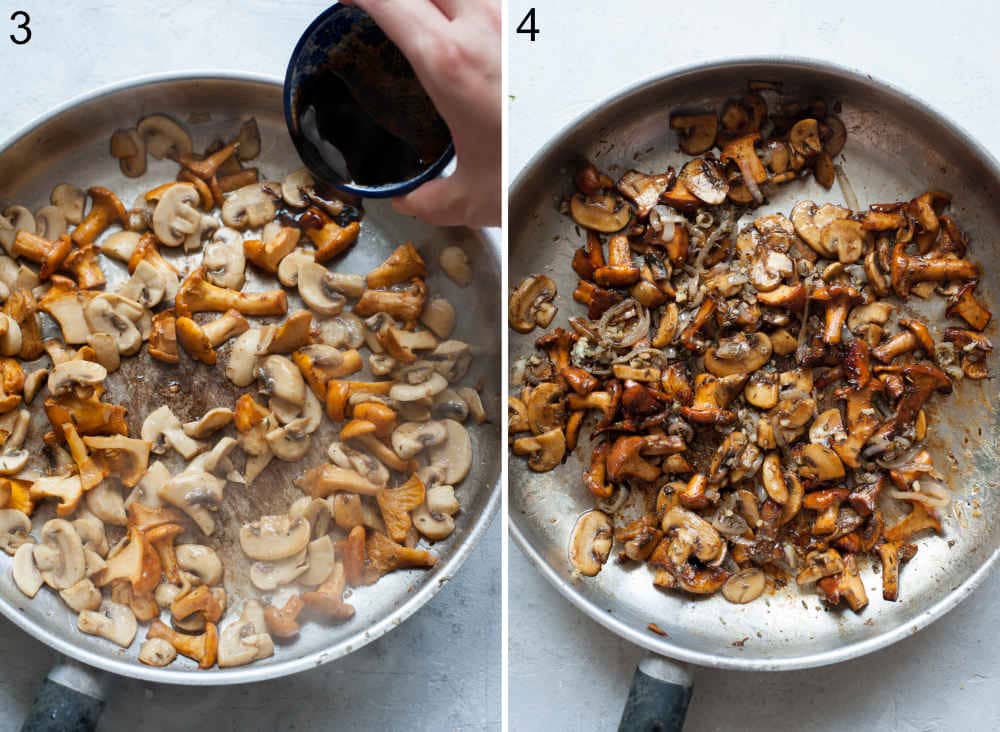 Balsamic vinegar is being added to the mushrooms in a pan. Sautéed mushrooms and onions in a pan.