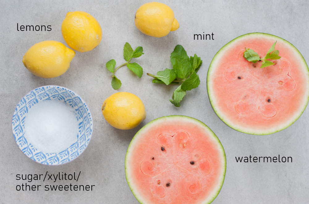 Labeled ingredients for watermelon mint lemonade.