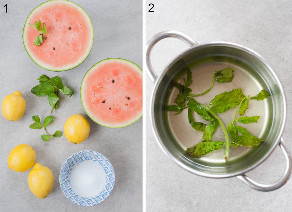 Ingredients for watermelon mint lemonade. Mint syrup in a small pot.