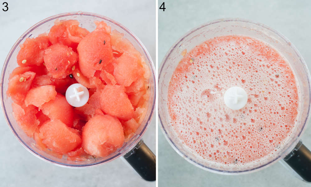 Watermelon pulp in a food processor. Blended watermelon pulp in a food processor.