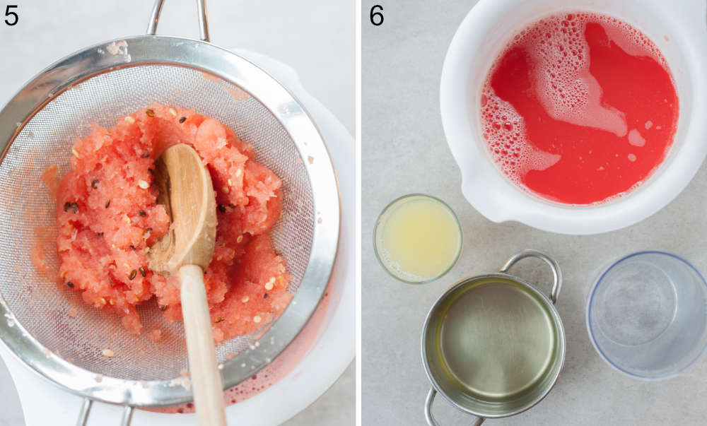 Watermelon juice is being strained through a sieve. Watermelon lemonade ingredients on a table.