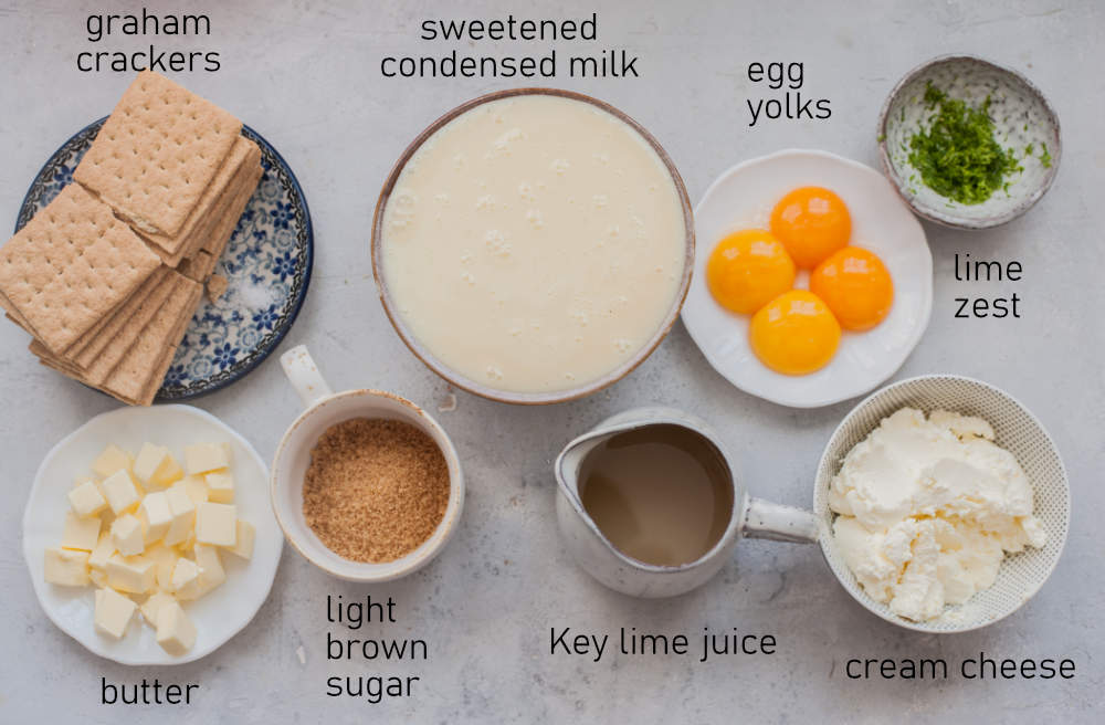 Labeled ingredients for Key lime pie bars.