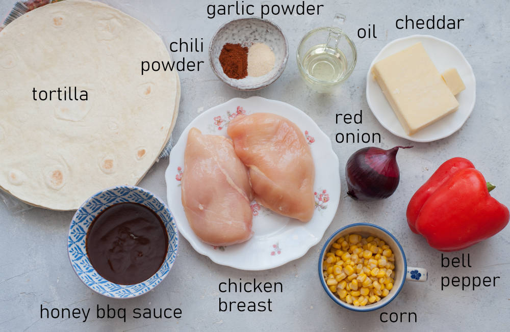 Labeled ingredients for BBQ Chicken Quesadillas.