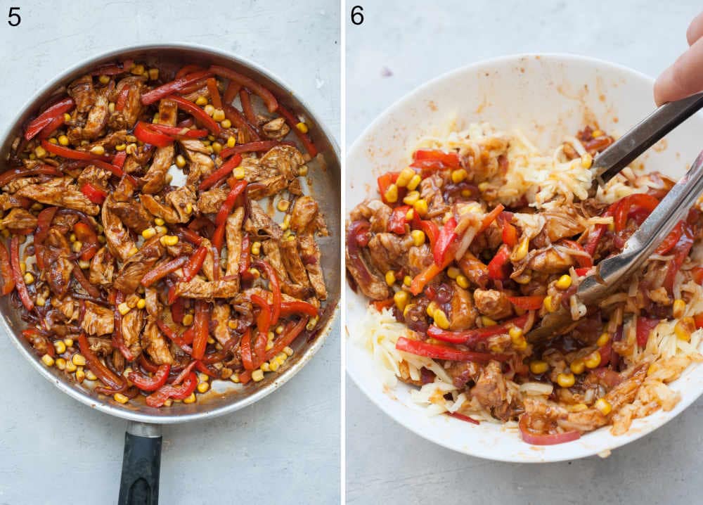 Chicken, bell pepper, onion and corn in bbq sauce in a pan. Quesadilla filling ingredients are being tossed with cheese in a bowl.