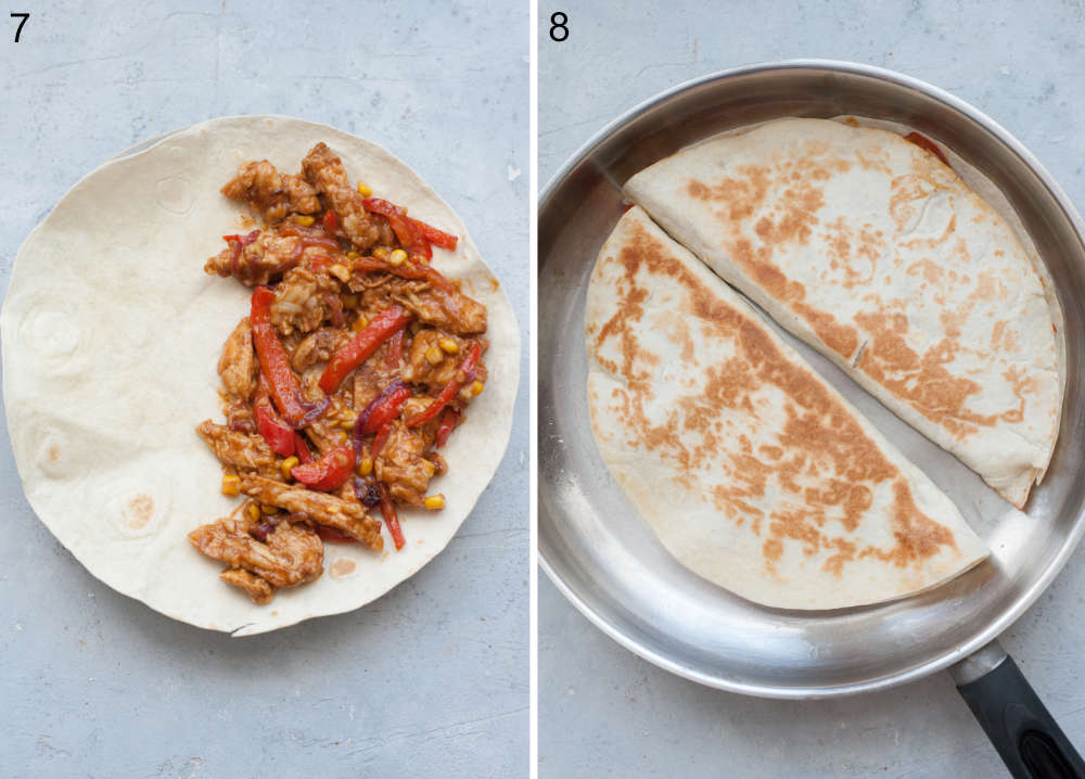 Bbq chicken filling on a tortilla. Two quesadillas are being cooked in a pan.