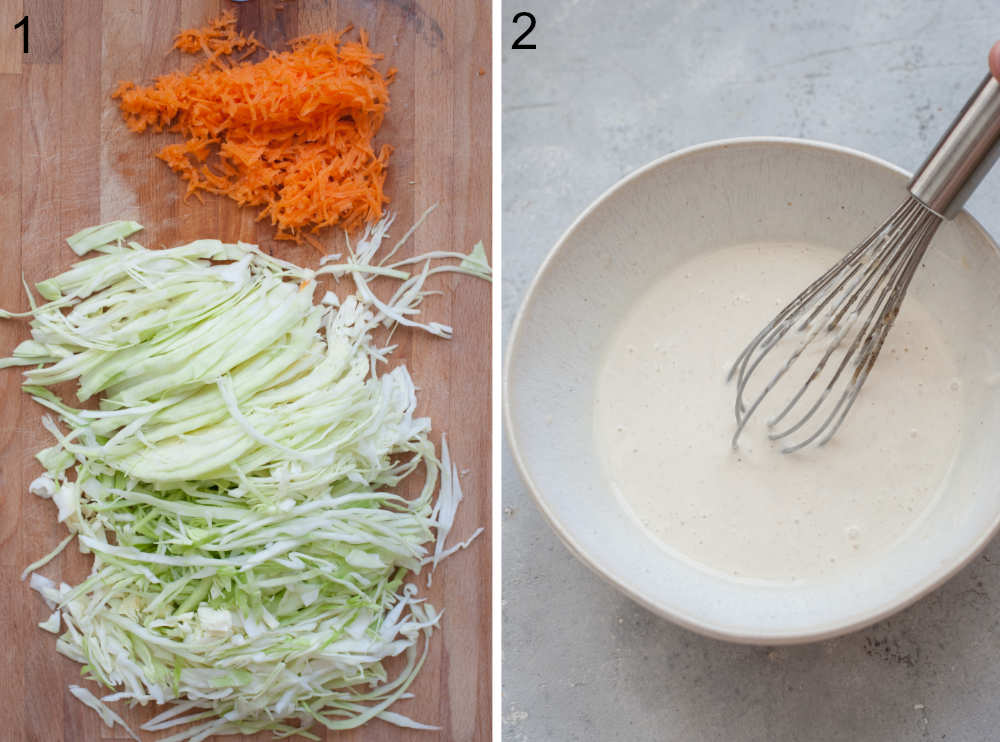 Shredded cabbage and carrot on a chopping board. Coleslaw dressing in a white bowl.