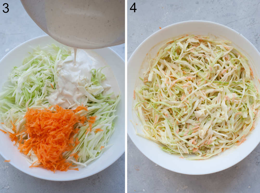 Coleslaw dressing is being poured over coleslaw and carrots in a bowl. Coleslaw in a white bowl.