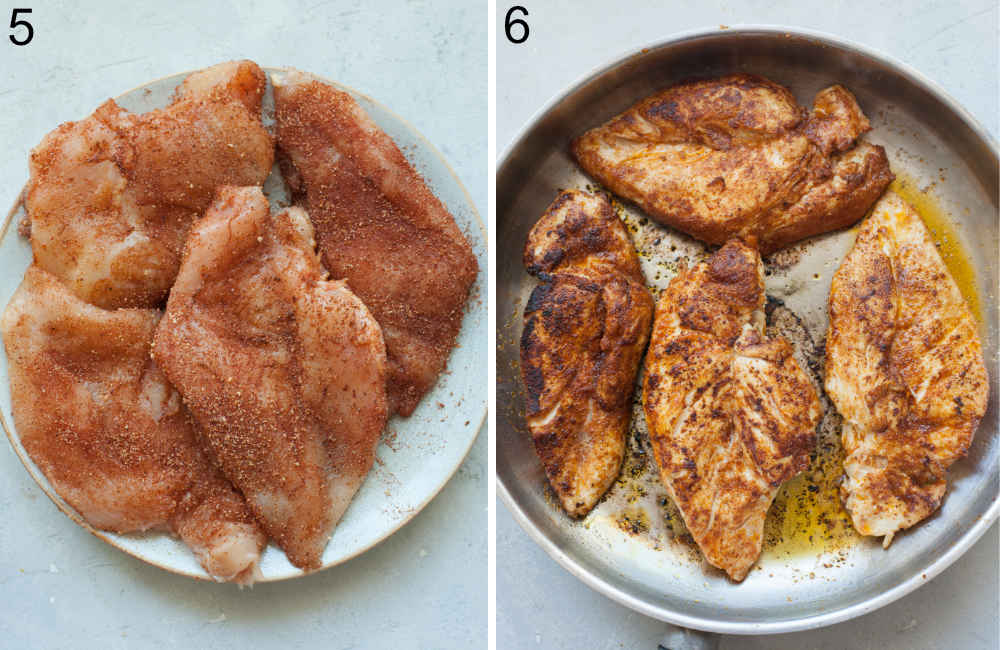 Chicken breasts with spices on a plate. Seared chicken breasts in a pan.