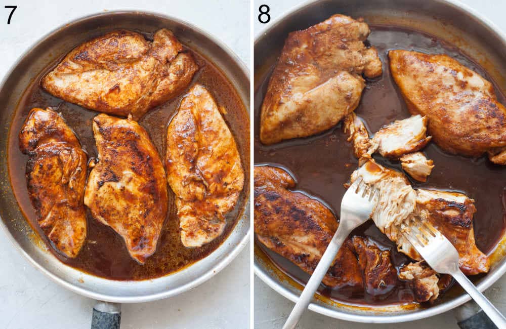 Cooked bbq chicken breasts in a pan. Chicken breast in a pan is being shredded with two forks.