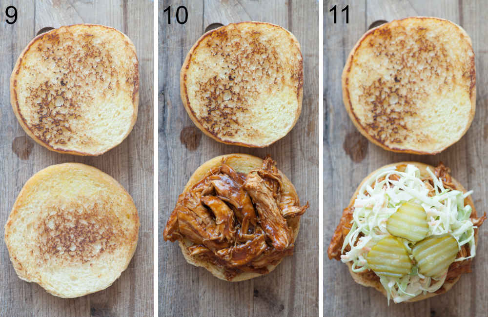 A collage of 3 photos showing assembling steps of bbq pulled chicken sandwich.