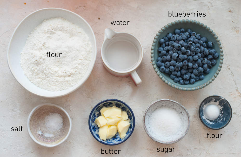 Labeled ingredients for blueberry pierogi.