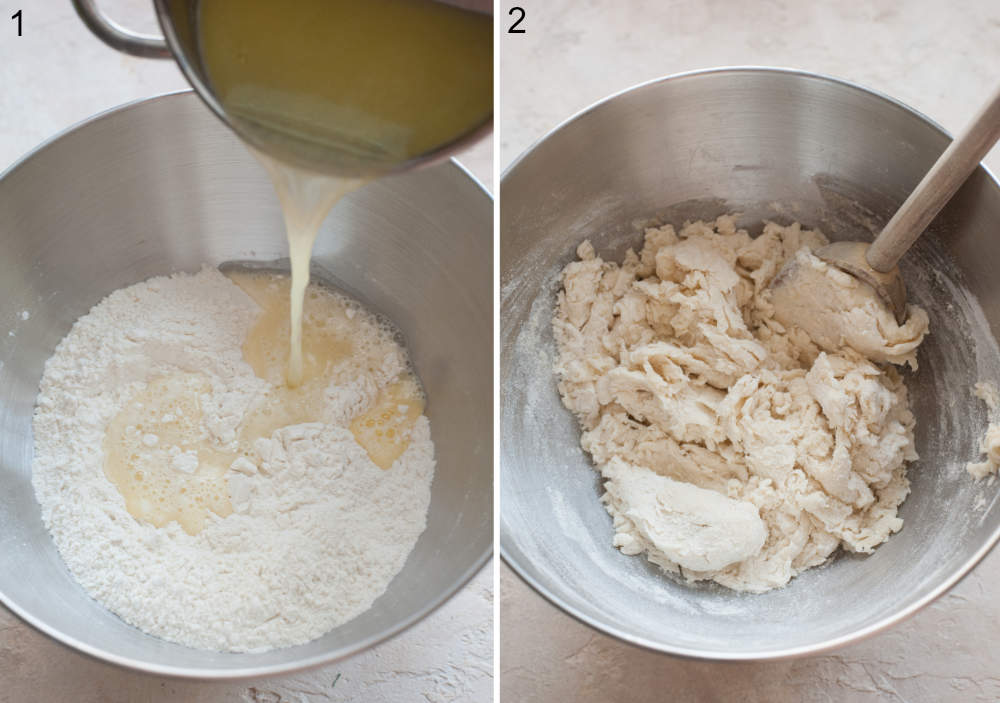 Butter and water are being added to flour in a bowl. Dough is being stirred with a spoon.