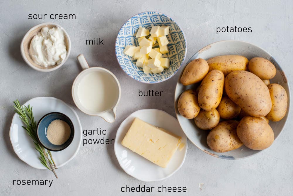 Labeled ingredients for cheddar mashed potatoes.