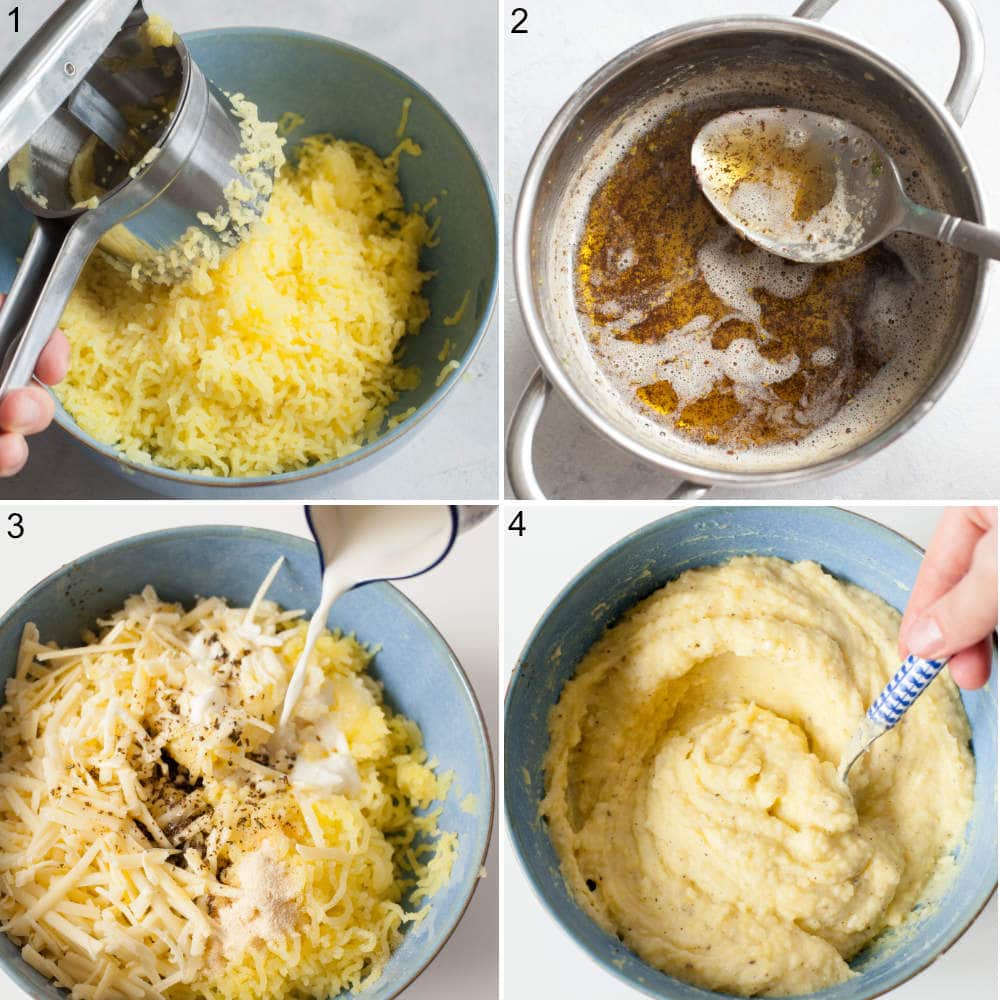 A collage of four photos showing preparation steps of cheddar mashed potatoes.