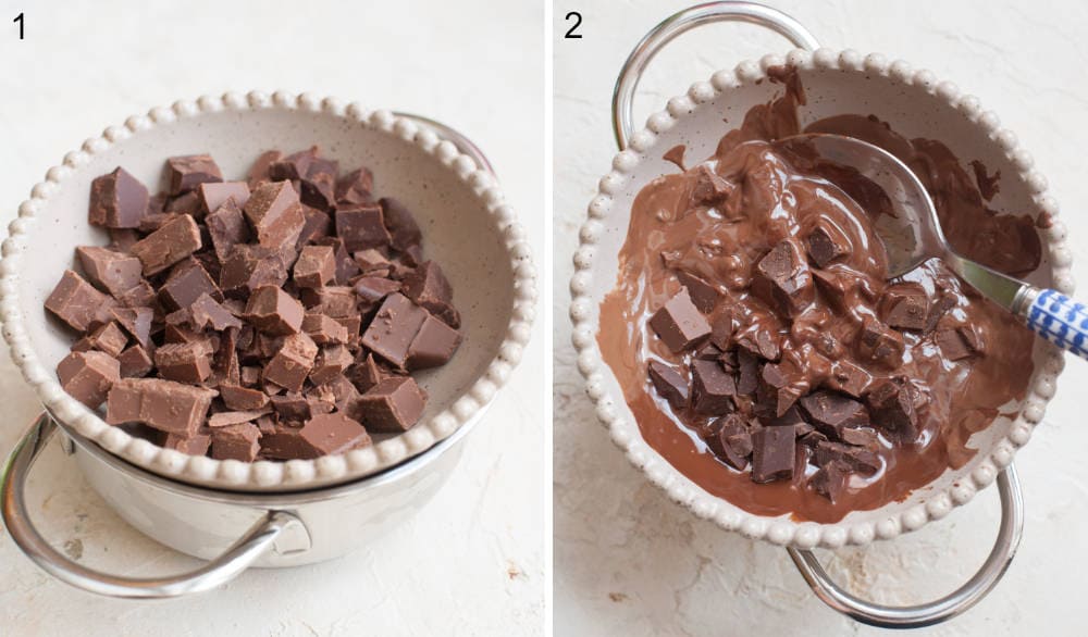 Chopped chocolate in a bowl hung over a pot. Chopped chocolate is being melted using a double boiler method.