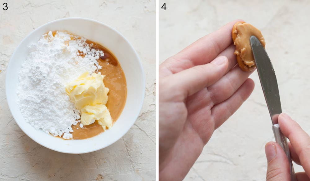 Ingredients for peanut butter spread in a white bowl. Sweetened peanut butter is being spread on a pretzel.