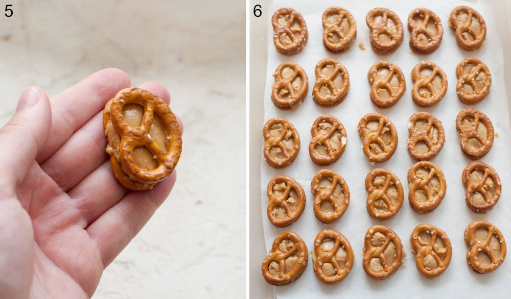 Sweetened peanut butter between two pretzels. Peanut butter pretzels on a tray lined with parchment paper.