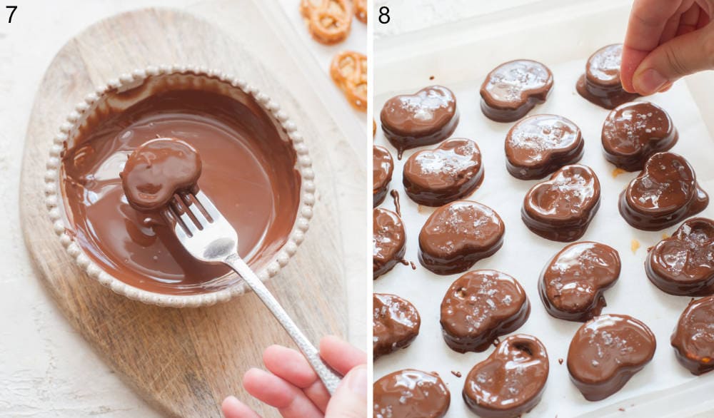 Peanut butter pretzel is being dipped in chocolate. Chocolate peanut butter pretzels are being sprinkled with flaky sea salt.