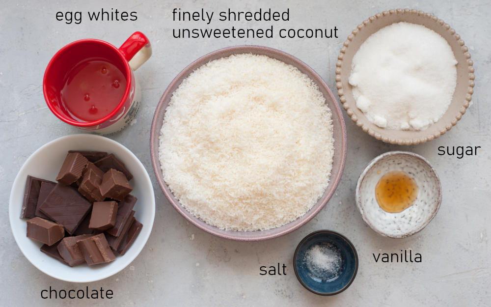 Labeled ingredients for chocolate dipped coconut macaroons.