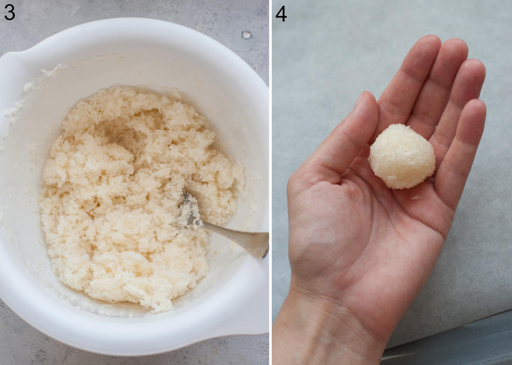 Coconut macaroons batter in a white bowl. Coconut macaroon held in a hand.