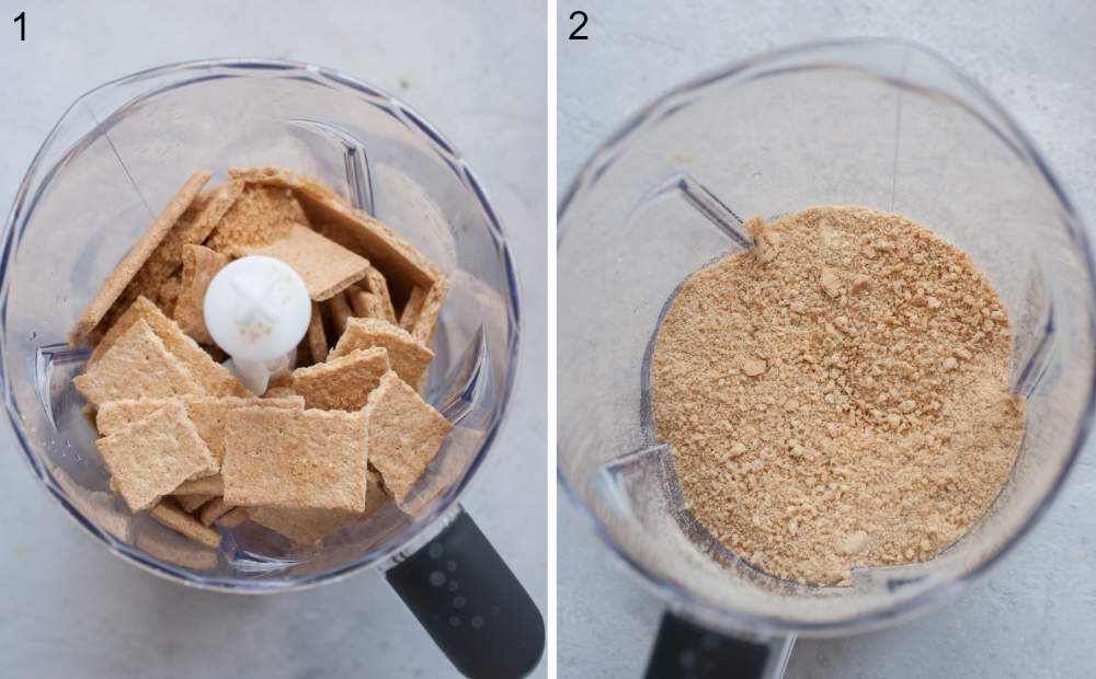 Graham crackers in a food processor. Graham cracker crumbs in a food processor.