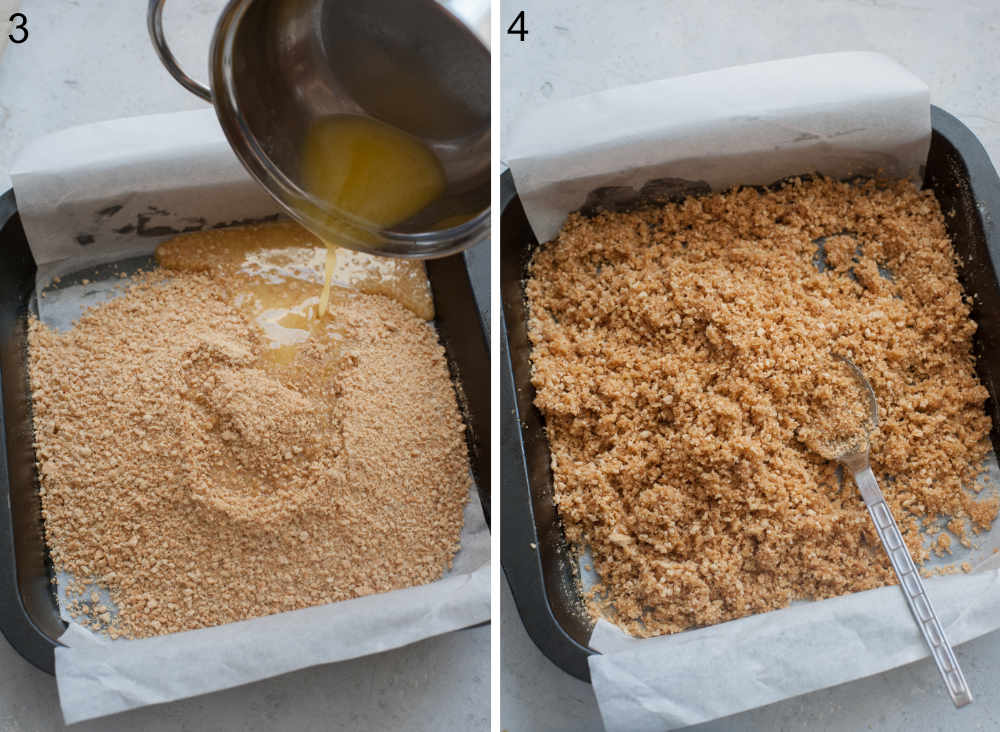 Butter is being added to graham cracker crumbs in a baking pan. Butter is being stirred with cookie crumbs.