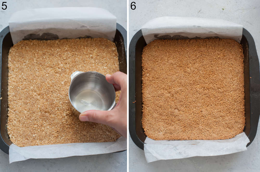 Cookie crumbs are being pressed with a measuring cup. Baked cookie crust in a baking pan.