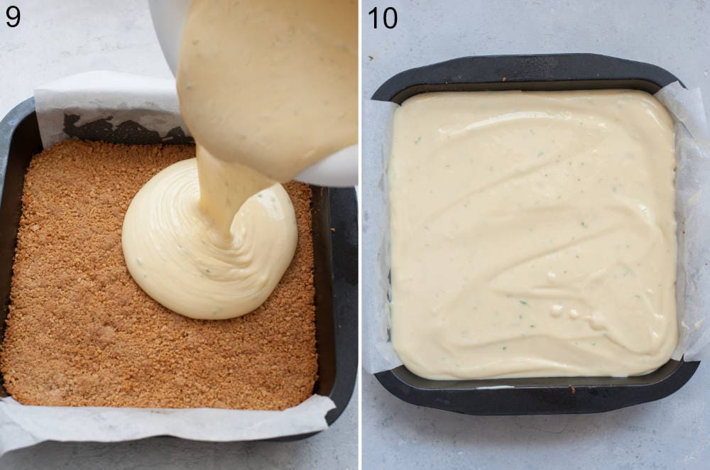 Key lime filling is being poured over a cookie crust. Key lime pie bars ready to be baked in a pan.