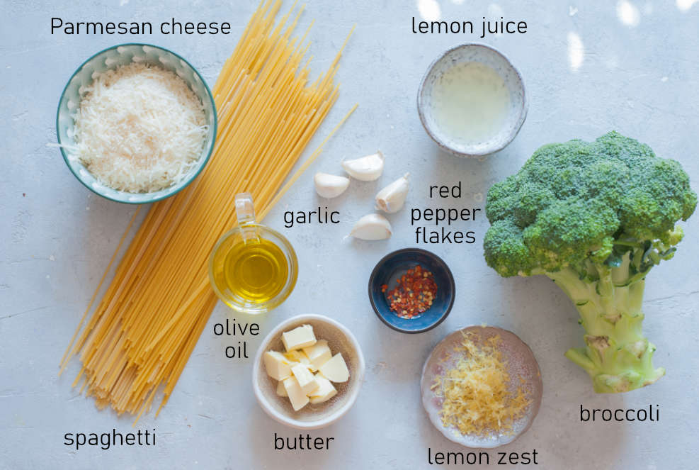 Labeled ingredients for lemon broccoli pasta.