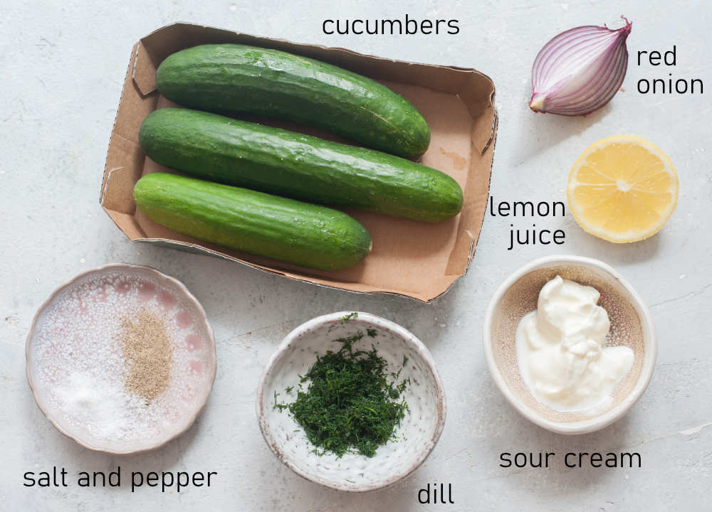 Labeled ingredients needed to make cucumber salad.