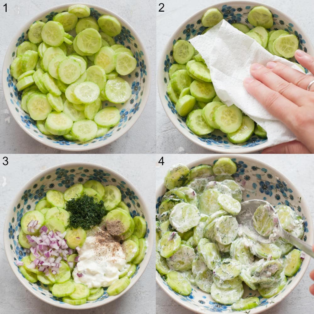 A collage of 4 photos showing preparation steps of creamy cucumber salad.