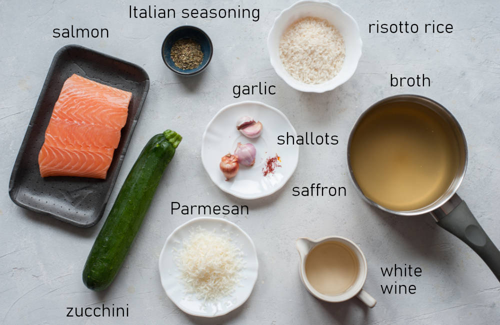 Labeled ingredients for saffron risotto with grilled salmon and zucchini.
