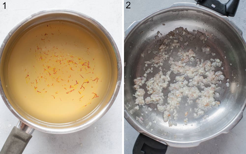 Szafran in bulion w garnku. Podsmażona cebula z czosnkiem w garnku.