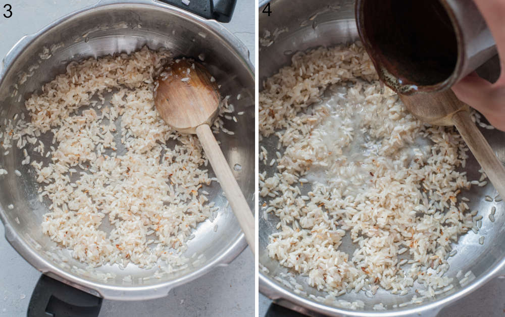 Sauteed onions and rice in pot. White wine is being added to a pot.