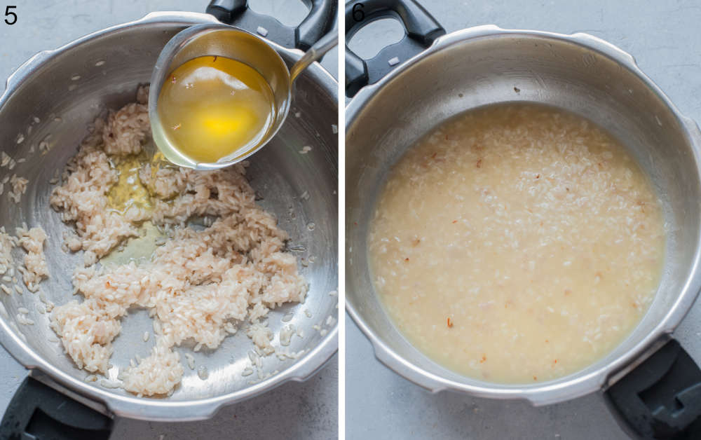Broth is being added to a pot with rice. Broth and rice in a pot.