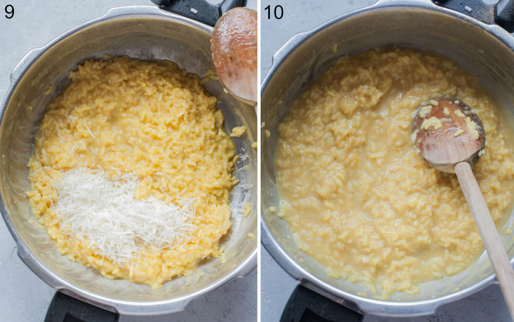 Saffron risotto and grated cheese in a pot.