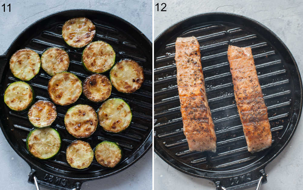 Zucchini and salmon fillets on a grill pan.