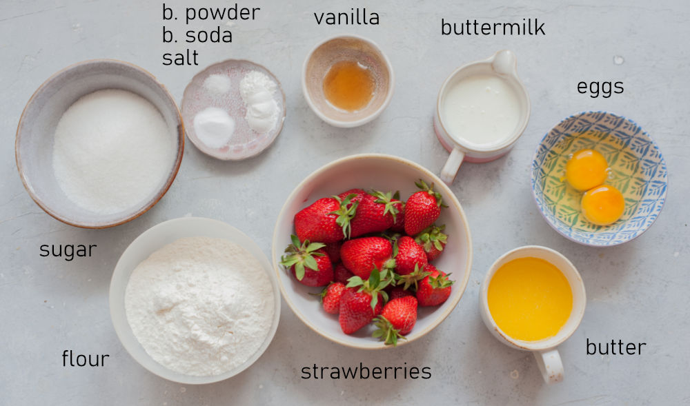 Labeled ingredients for strawberry bread.