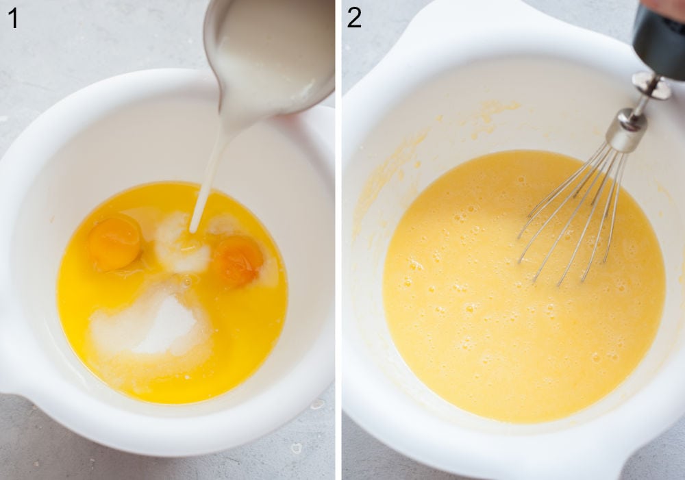 Buttermilk is being added to eggs, butter, and sugar in a white bowl. Wet ingredients are being mixed in a bowl.