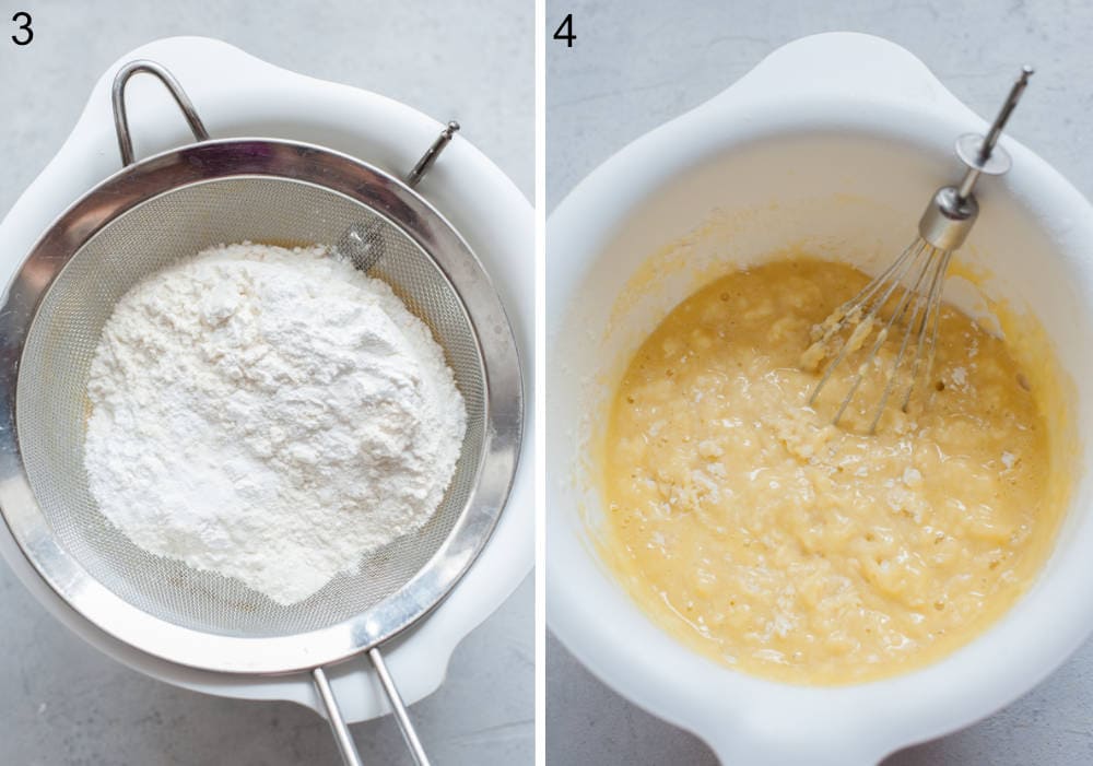 Flour on a fine mesh strainer. Cake batter in a white bowl.