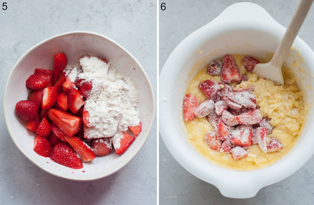 Strawberries with flour in a bowl. Strawberries and cake batter in a bowl.